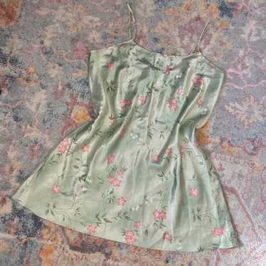 Vintage 80s / 90s green floral satin slip dress