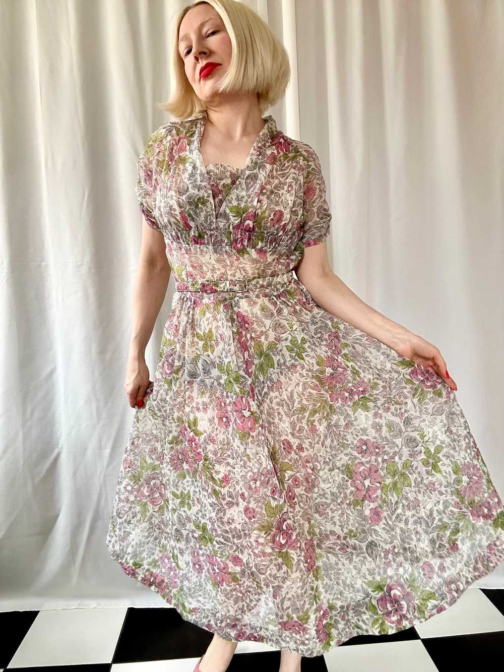 True Vintage 1940s Pastel Floral Silk Chiffon See… - image 7