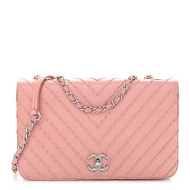 CHANEL Calfskin Studded Chevron Quilted Flap Pink