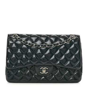 CHANEL Patent Quilted Jumbo Double Flap Navy