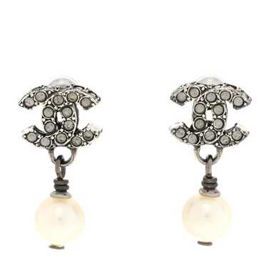CHANEL Crystal Pearl CC Drop Earrings Silver