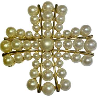 Joan Rivers Faux Pearl Maltese Cross Pin Brooch