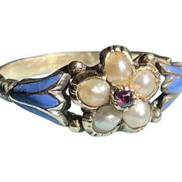 Victorian Pearl Ruby Enamel Pansy Ring 18k Locket 