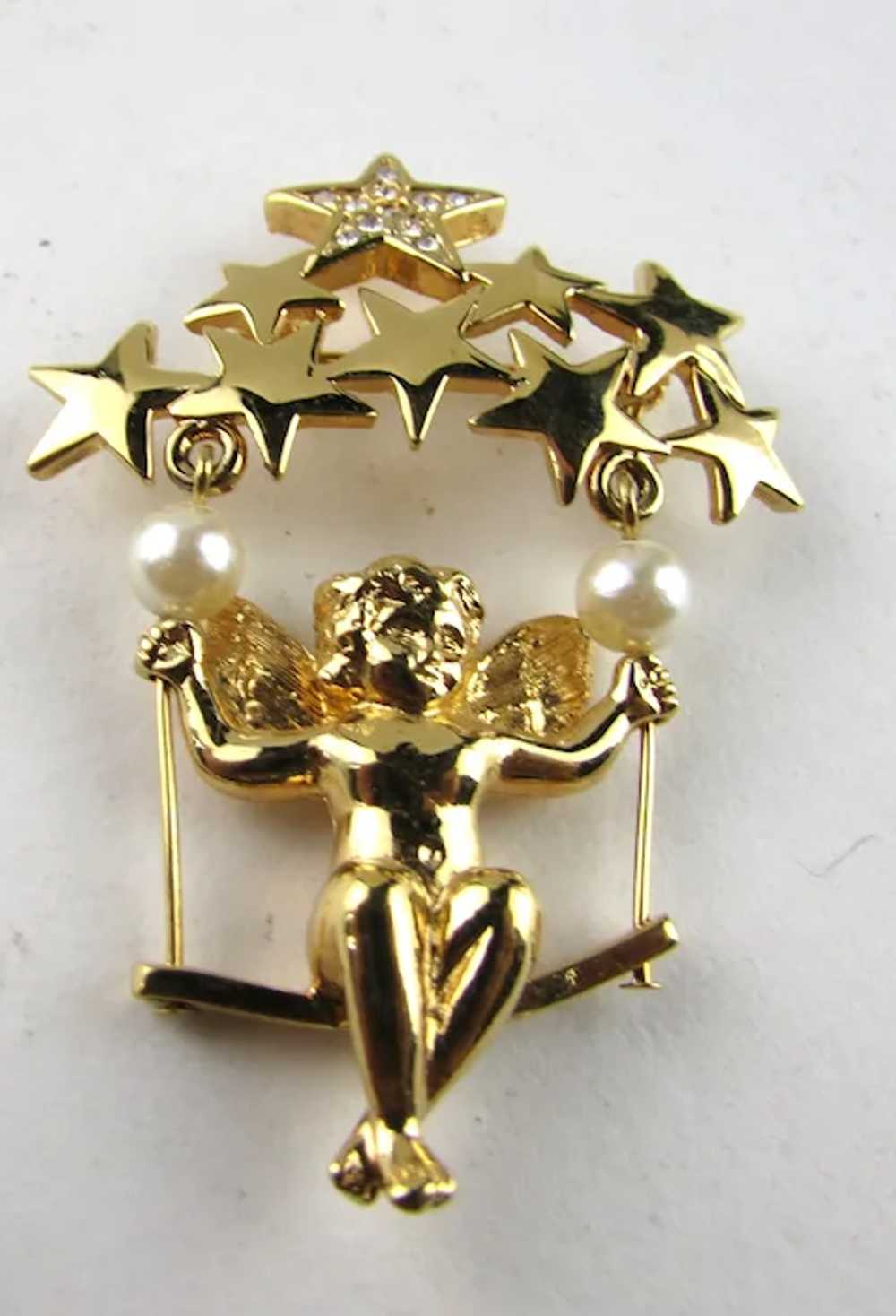 Cherub in Gold Tone Swinging On a Group of Stars - image 4