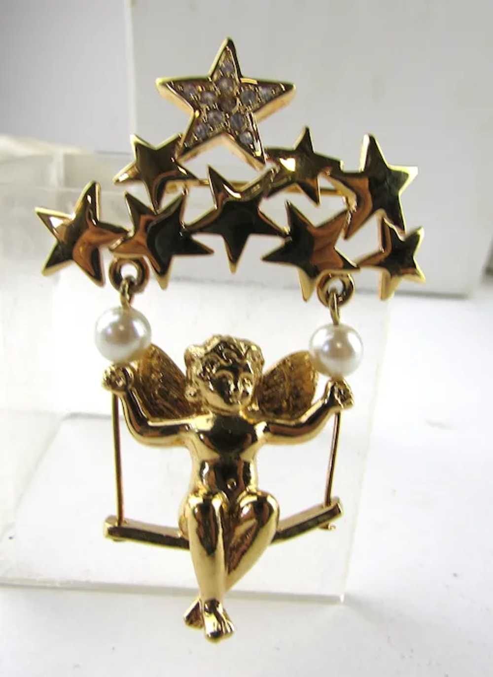 Cherub in Gold Tone Swinging On a Group of Stars - image 8