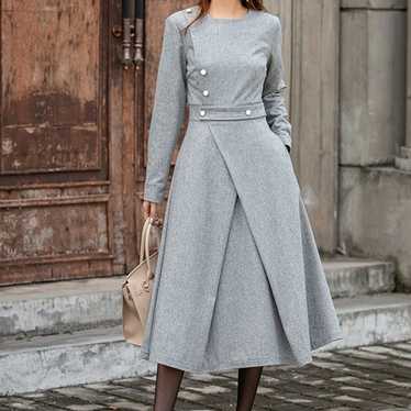 Wool Dress, Gray Wool Midi Dress, Long Wool Dress