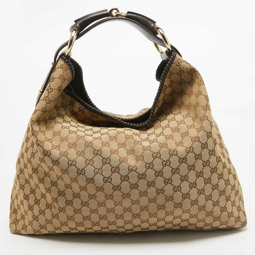 GUCCI Beige/Brown GG Canvas and Leather Large Hor… - image 1