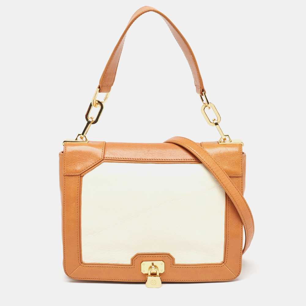 TORY BURCH Tan/Off White Leather Lock Flap Should… - image 1