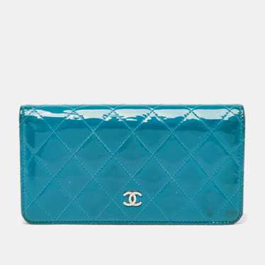 CHANEL Teal Quilted Patent Leather L Yen Wallet - image 1