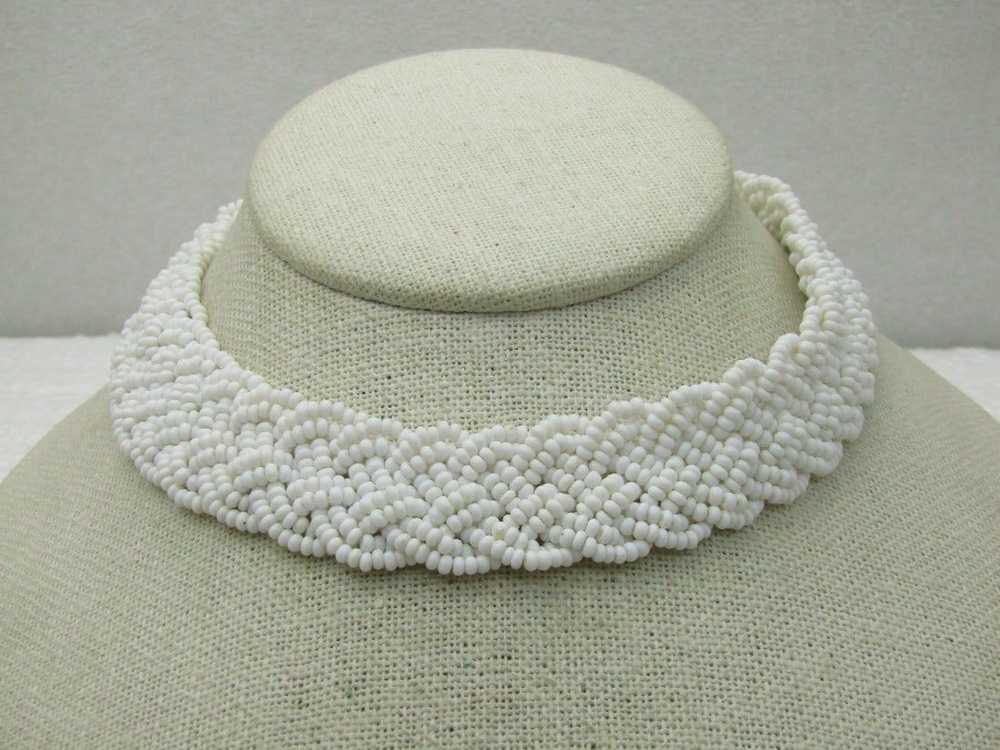 Vintage White Beaded Woven Choker Necklace, 14.5"… - image 1