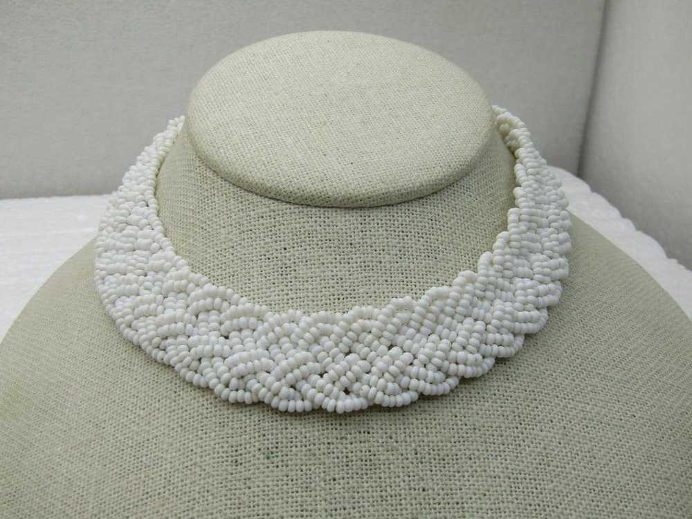 Vintage White Beaded Woven Choker Necklace, 14.5"… - image 2