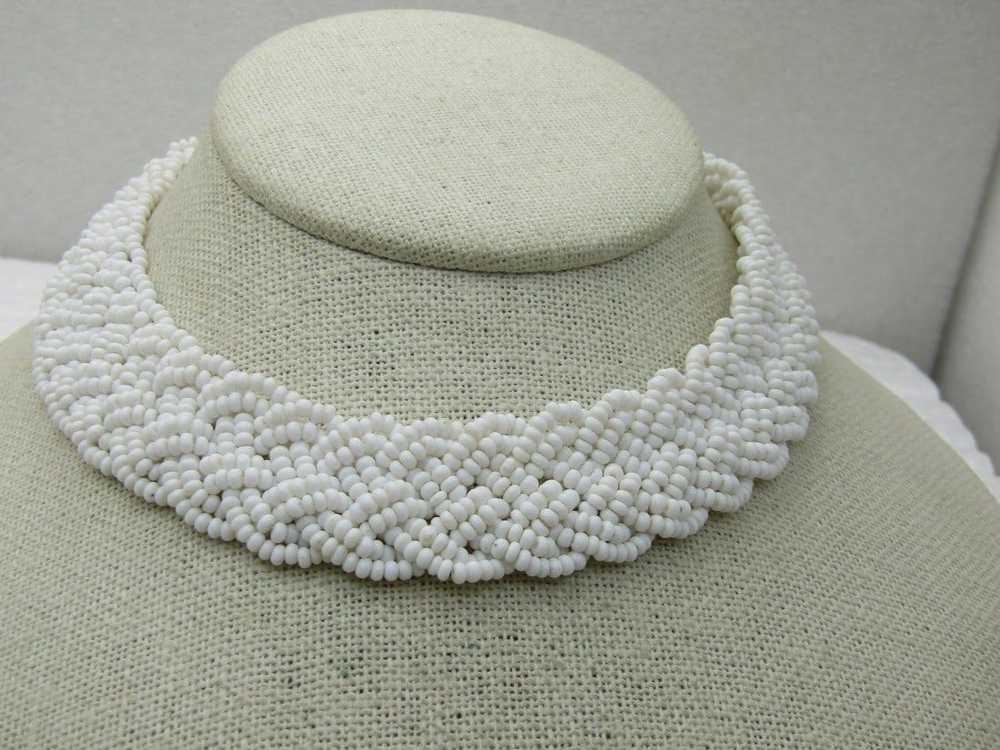 Vintage White Beaded Woven Choker Necklace, 14.5"… - image 4