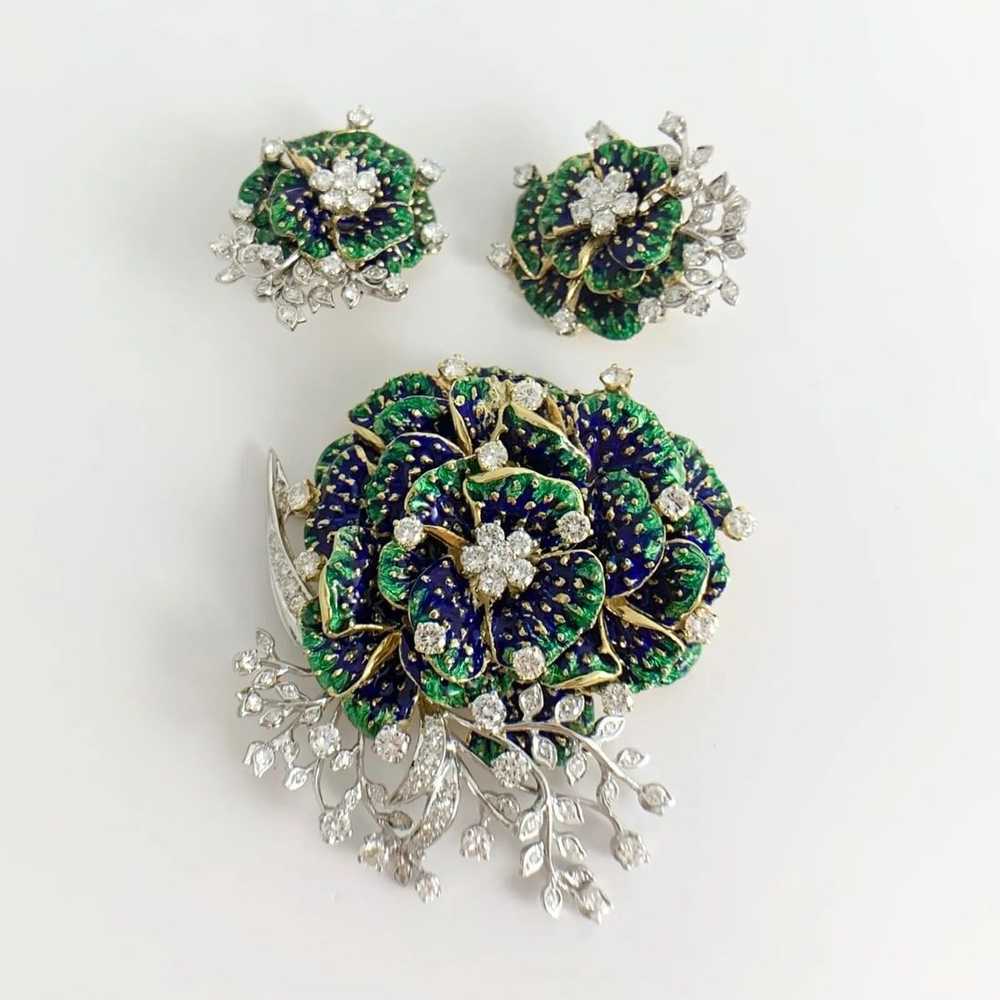 Vintage 1950's Blue Green Enamel Diamond Flower E… - image 5