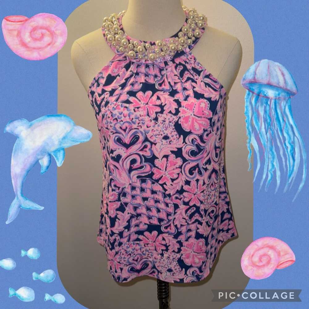 Lilly Pulitzer XS Shawn Halter Top Navy Pink Pear… - image 1