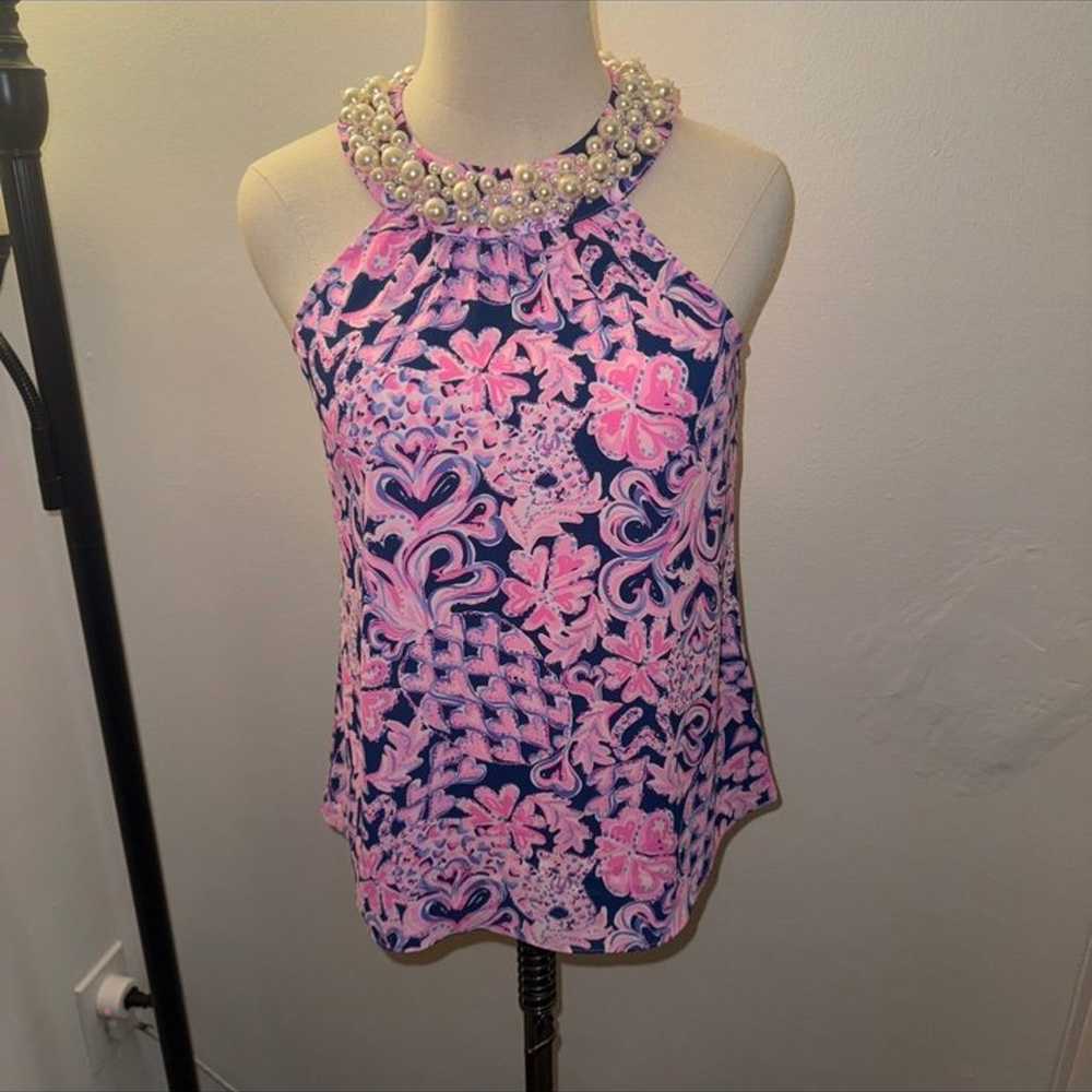 Lilly Pulitzer XS Shawn Halter Top Navy Pink Pear… - image 2