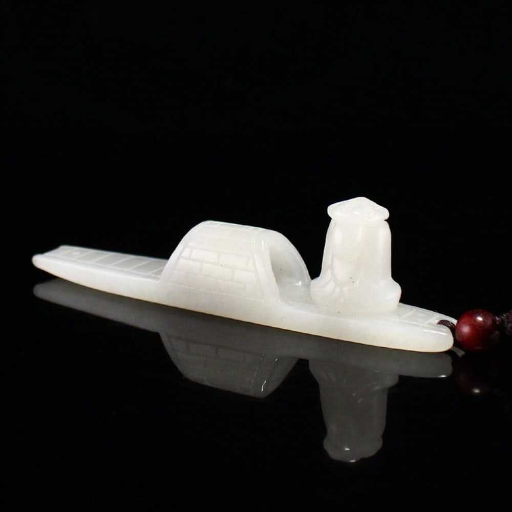 Chinese Natural Hetian Jade Carved Boat & Figure … - image 2