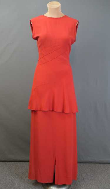 Vintage 1940s Red Crepe Gown, Wide Peplum and Back