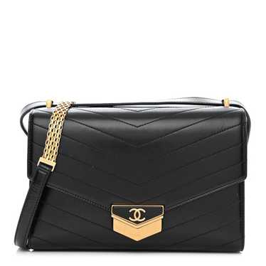 CHANEL Calfskin Chevron Quilted Medal Flap Black