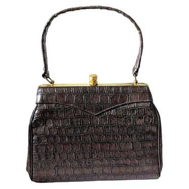Vintage 60s Brown Faux Alligator Leather Handbag … - image 1