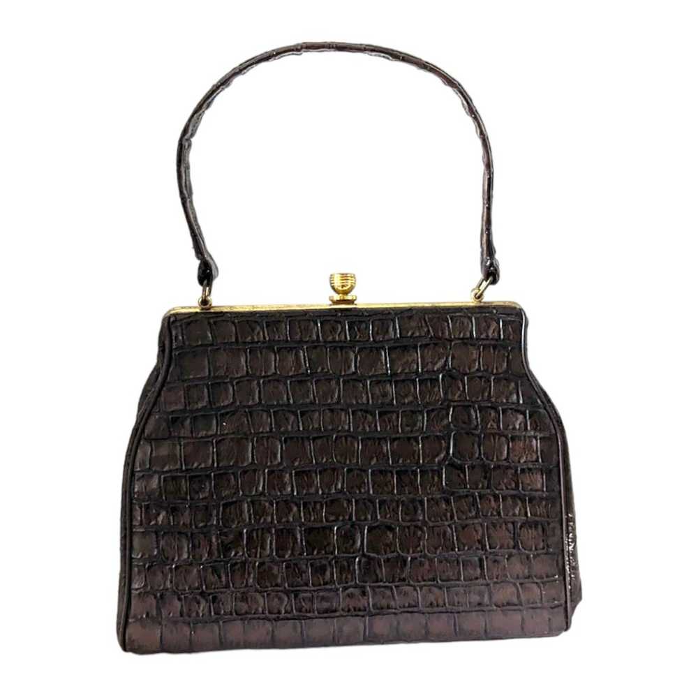 Vintage 60s Brown Faux Alligator Leather Handbag … - image 3