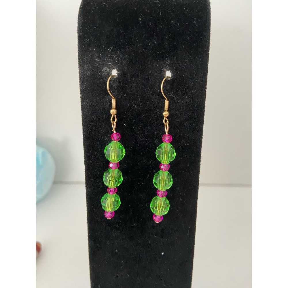Upcycled vintage bright green and pink earrings h… - image 1