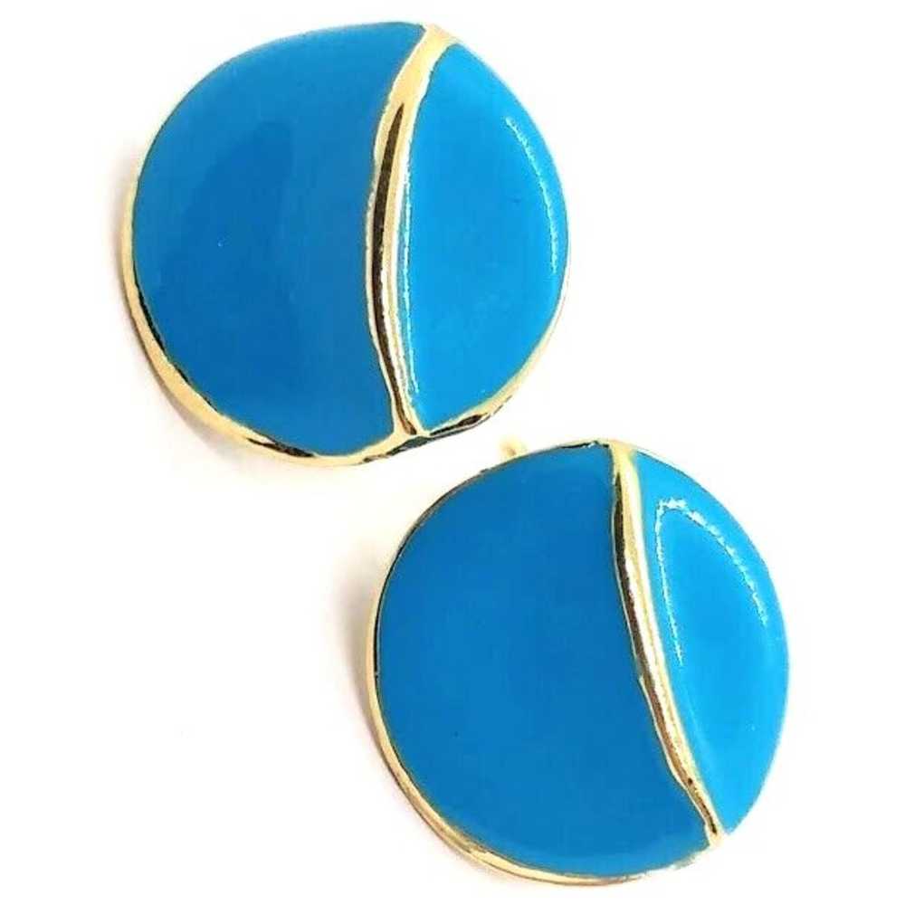 Lovely Vintage Gold Plated Blue Enamel Round Clip… - image 1