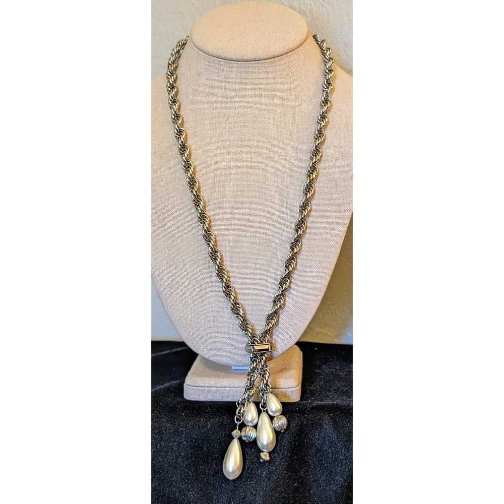 Vintage Silver Tone Thick Rope Lariat Pearl Tasse… - image 7