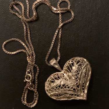 VTG Sterling Silver Diamond Cut Heart Necklace