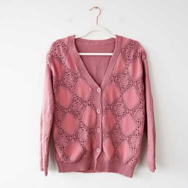 Vintage Patchwork Style Pink Knit Cardigan Medium