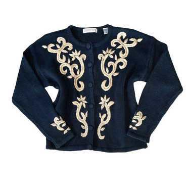 Amanda Smith Gold Thread Emblazoned Navy Cardigan… - image 1