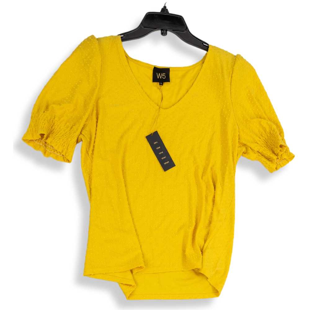 NWT W5 Womens Yellow V-Neck Short Puff Sleeve Pul… - image 1