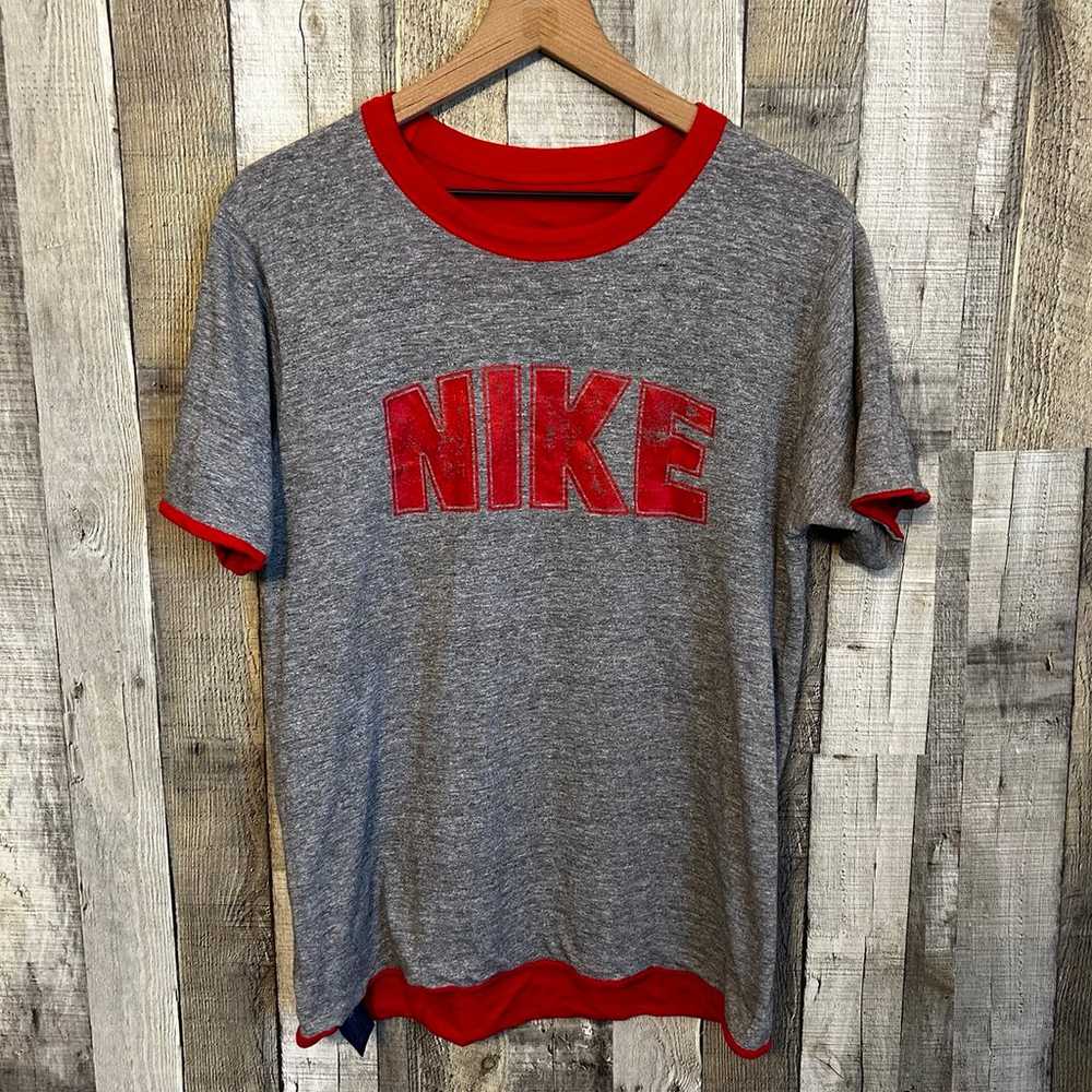 Vintage 80s Nike T-Shirt Dunk Dome OG Blue Tag Sw… - image 1