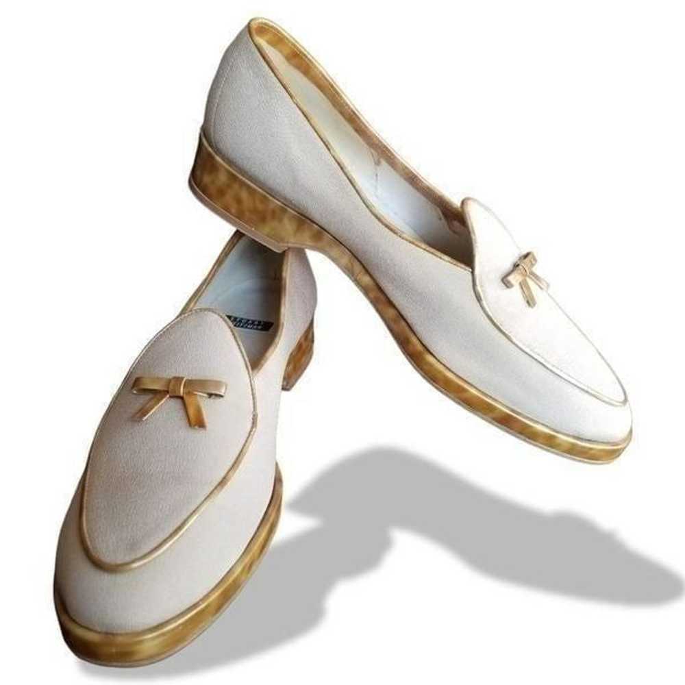 Stuart Weitzman Vintage Beige Loafers with Gold B… - image 1