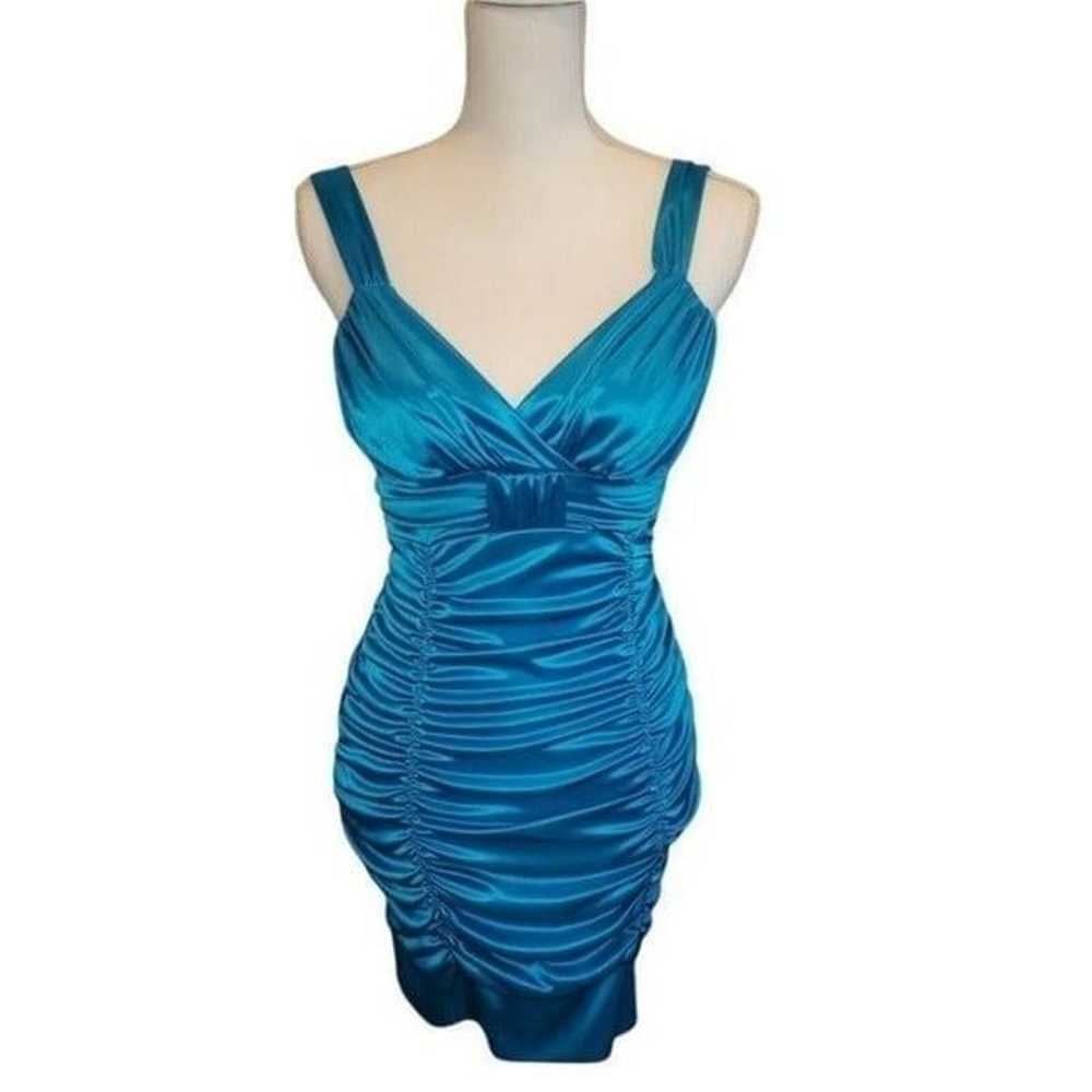 Y2K Womens Ruched Bodycon Mini Dress Satin Aqua B… - image 1