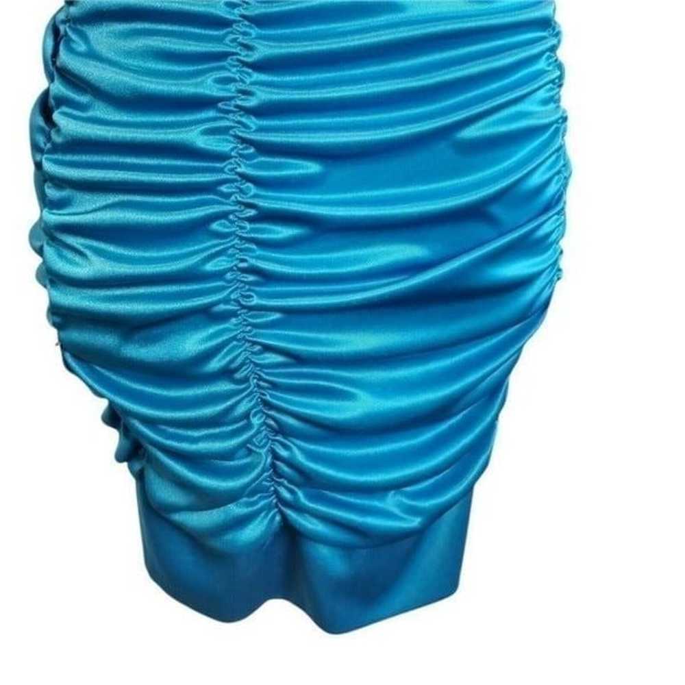 Y2K Womens Ruched Bodycon Mini Dress Satin Aqua B… - image 3