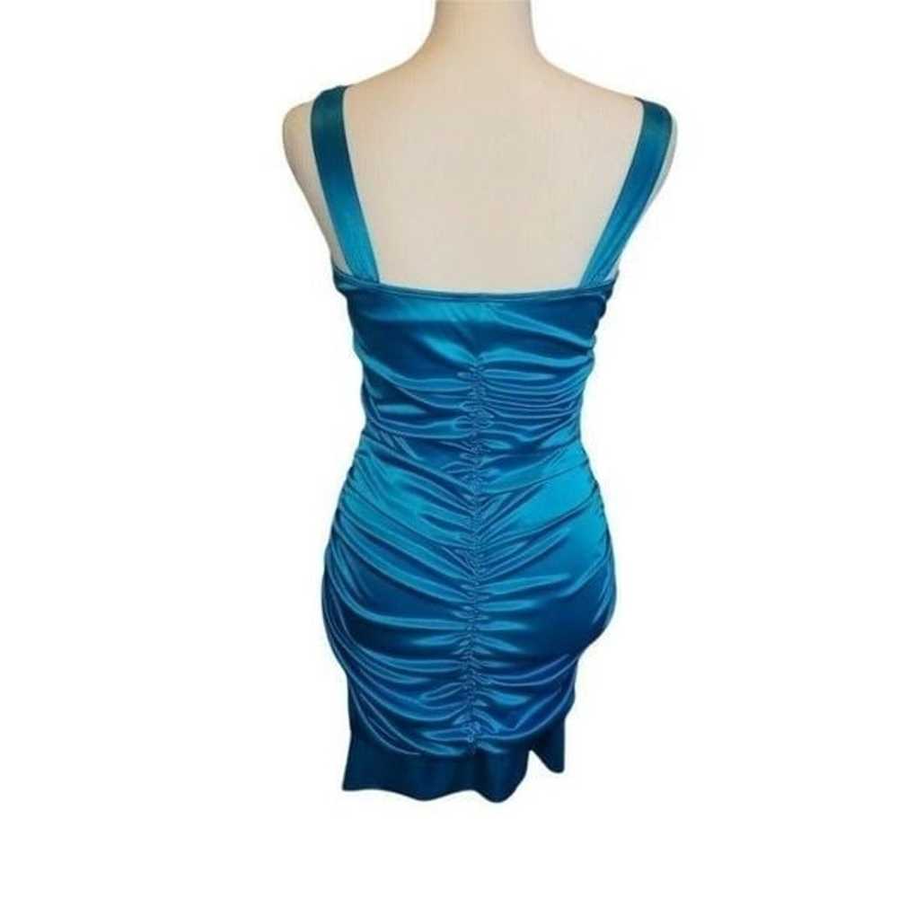 Y2K Womens Ruched Bodycon Mini Dress Satin Aqua B… - image 5