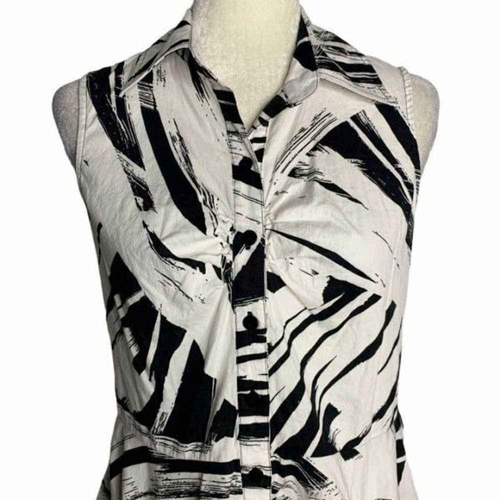 Vintage 90s Sleeveless Shirt Dress L White Black … - image 2