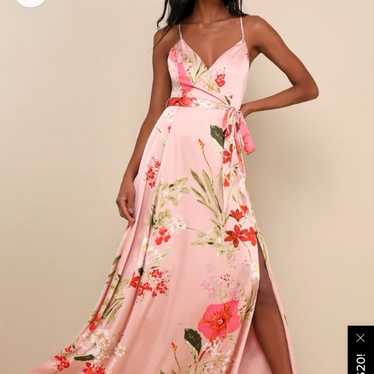 Blush Pink Floral Print Satin Maxi Dress