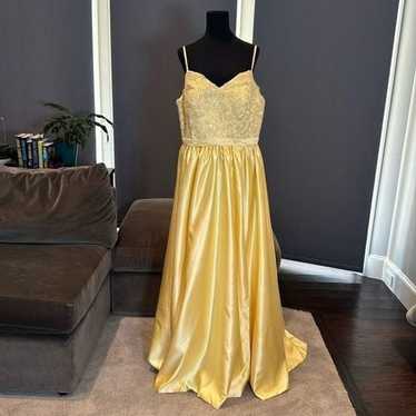 Yellow Satin Spaghetti Strap Prom Party Dress Cor… - image 1
