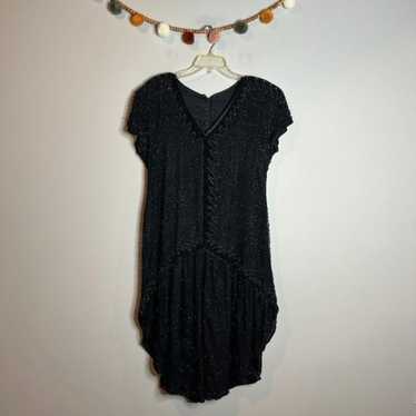 Vintage black silk beaded swing dress