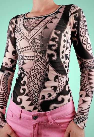 MARC CAIN Y2K Designer Sheer Mesh Top Blouse Tatto