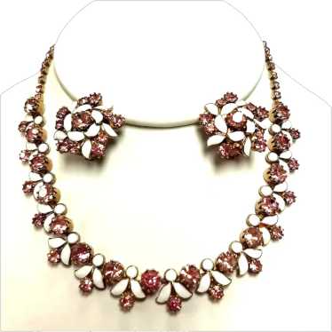 Vintage Weiss Pink Rhinestone White Enamel Choker… - image 1