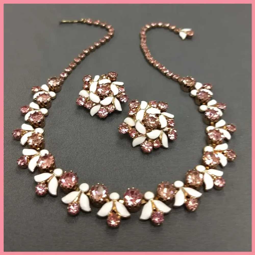 Vintage Weiss Pink Rhinestone White Enamel Choker… - image 4