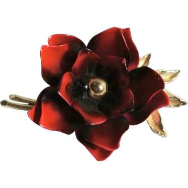Coro red enamel flower brooch pin