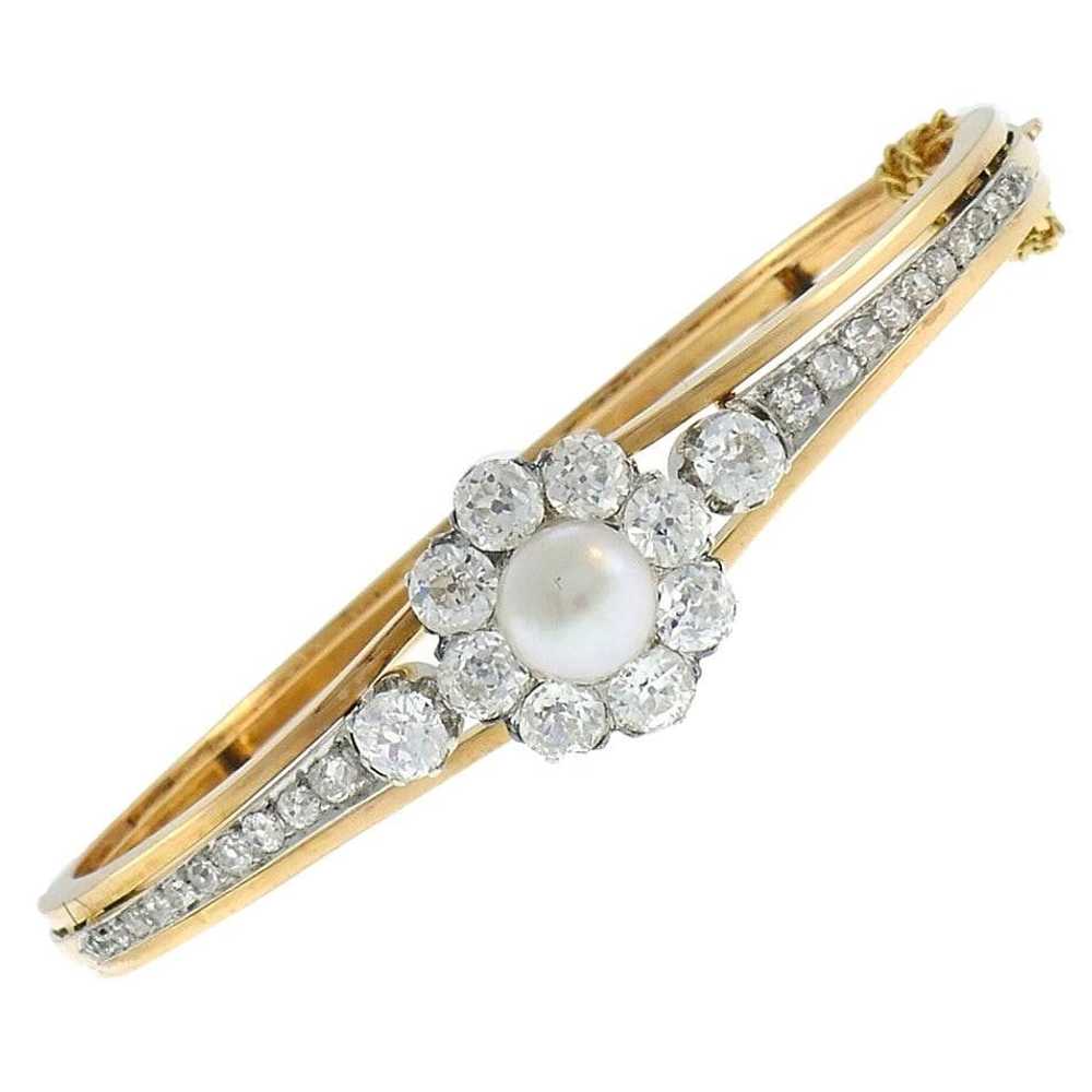 Antique Pearl Diamond 18k Gold Bangle Bracelet Fr… - image 1