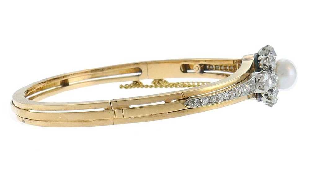Antique Pearl Diamond 18k Gold Bangle Bracelet Fr… - image 2