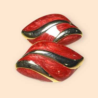 Vintage Enamel Earrings Clip-On Red & Gold Diamon… - image 1