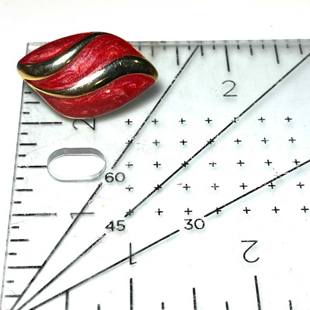 Vintage Enamel Earrings Clip-On Red & Gold Diamon… - image 3