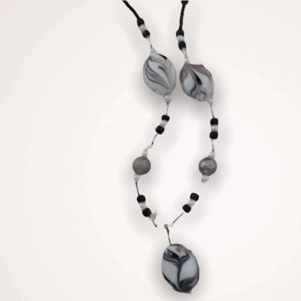 Vintage Beaded Necklace Black White 20" - image 1