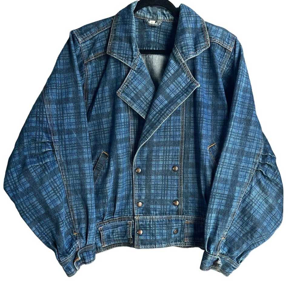 Vintage 80s plaid denim bomber jacket size large - image 1